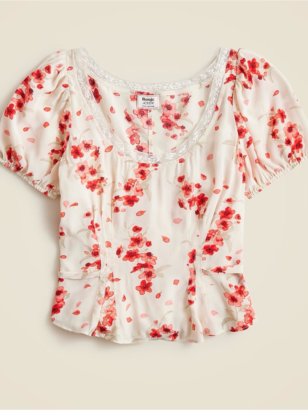 Rouje x J. Crew White Floral Scoop-Neck Puff Sleeve Top